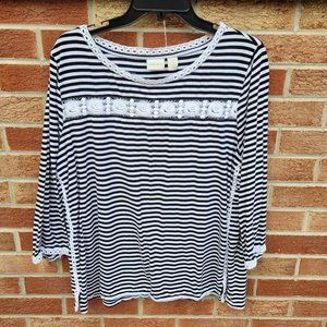 Chico's Striped Shirt Women's Size XL Blue and White 3/4 Sleeve